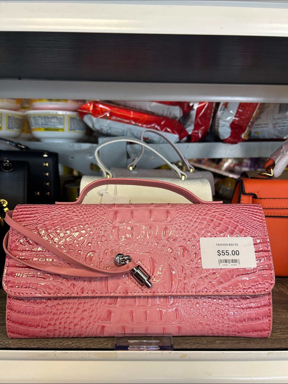 Pink Croc-Embossed Convertible Clutch Shoulder Bag